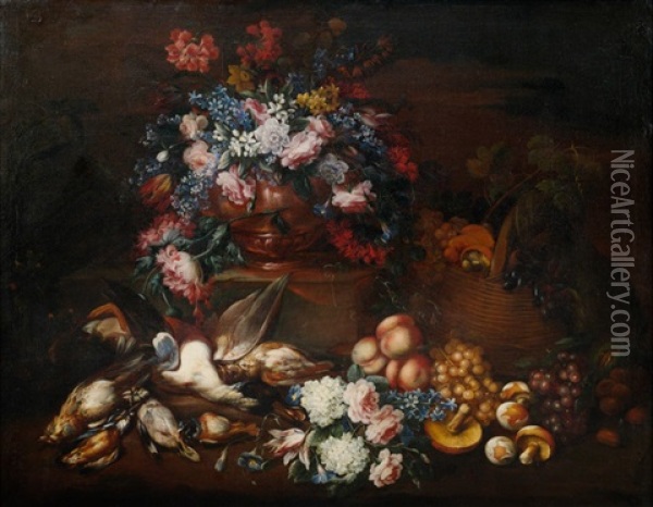 Stilleben Mit Blumen, Obst, Pilzen Und Erlegten Wildvogeln Oil Painting - Giovanni Battista Ruoppolo