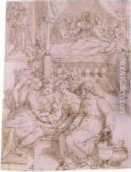 The Birth Of The Virgin Oil Painting - Nicolo Martinelli Da Pesaro Il Trometta