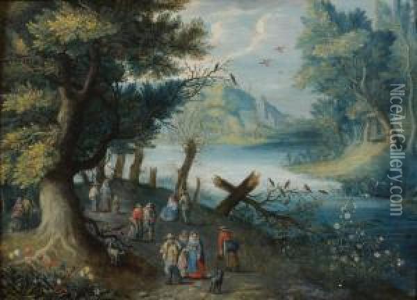 Promeneurs Le Long D'une Riviere Oil Painting - Balthasar Beschey