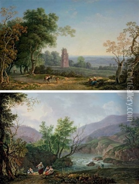 An Italianate Landscape With Peasants On A Path, An Ancient Mausoleum Beyond (+ Another; Pair) Oil Painting - Carlo Labruzzi