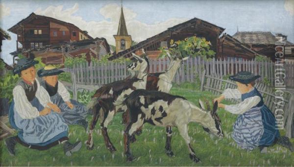Girls From The Valais At The Goat Park Oil Painting - Raphy Dalleves