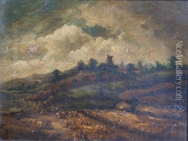 Landscape With A Cornfield And A Distant Windmill Oil Painting - John Crome