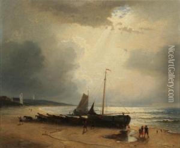 Fishing Boats Along The Shore Oil Painting - Jacobus Nicolaas Tjarda Van Stachouwer