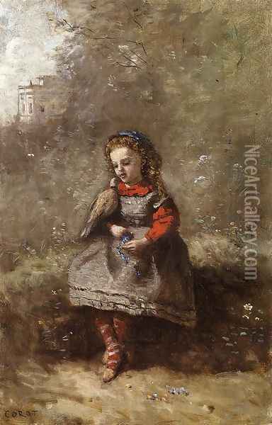 Mlle. Leotine Desavary Holding a Turtledove Oil Painting - Jean-Baptiste-Camille Corot