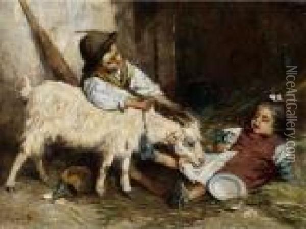 Kinder Mit Ziege Spielend Oil Painting - Giuseppe Giardiello
