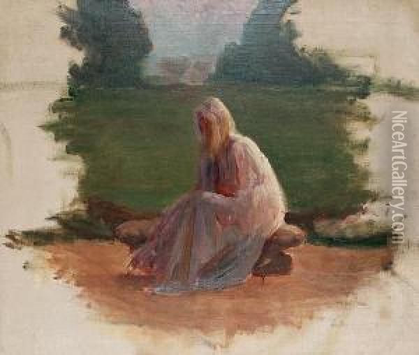 A Cloaked Figure Seated In A Landscape Oil Painting - Albert De Belleroche