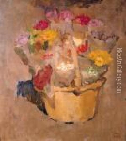 Flowers In A Wicker Basket Oil Painting - Isaac Israels