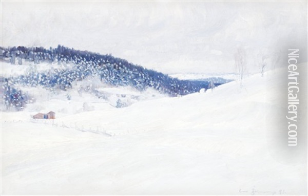 Vinterlandskap Med Fabodar Oil Painting - Carl (August) Johansson