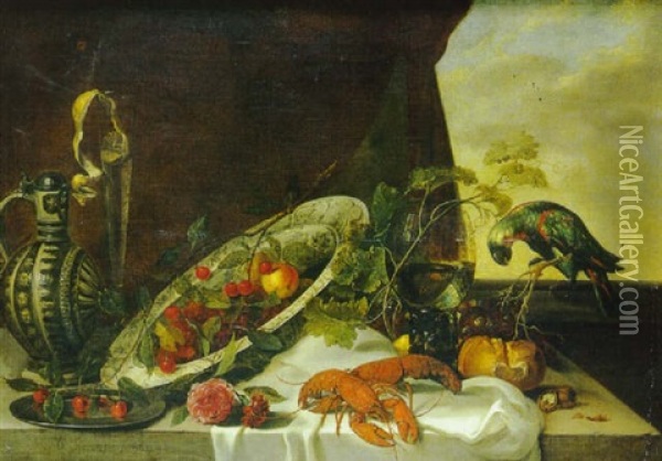 Nature Morte Aux Crustaces, Plat, Perroquet Sur Un Entablement Oil Painting - Michiel Simons