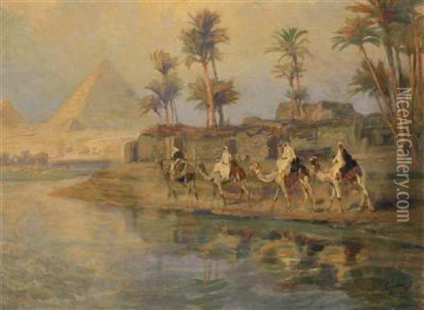Scene Of The Pyramids Of Giza Oil Painting - Karoly Cserna