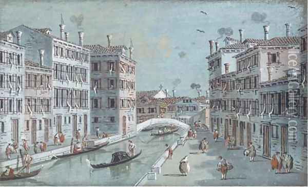 A Venetian canal with a bridge in the distance Oil Painting - Giacomo Guardi