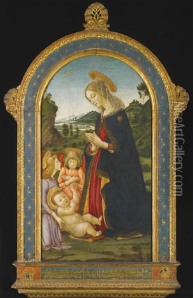 Madonna And Two Angels Adoring The Christ Child Oil Painting - Francesco Botticini