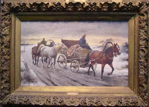 Horse Carts Oil Painting - A Litkow