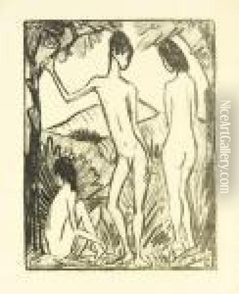Stehender Knabe Und Madchen 2 (drei Akte) Oil Painting - Otto Mueller