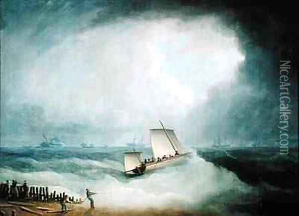 A Deal Lugger Going off to a Storm bound Ship in the Downs, South Foreland Oil Painting - Thomas Buttersworth