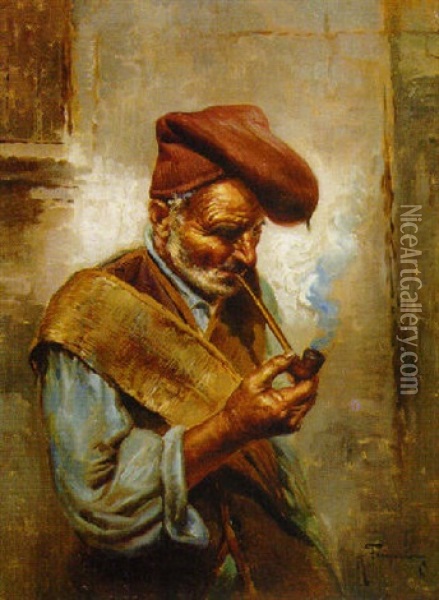 A Good Smoke Oil Painting - Raffaele Frigerio