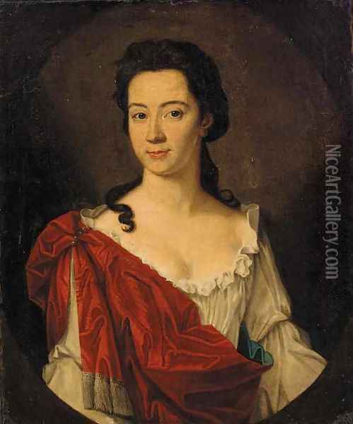 Portrait of a lady, bust-length, in a white dress and red shawl Oil Painting - English School