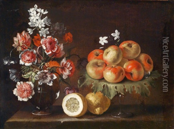 Stillleben Mit Zitronen, Apfeln Und Blumen (natura Morta Di Limoni Mele E Fiori) Oil Painting - Luca Forte