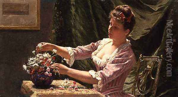 Young Woman Arranging Flowers Oil Painting - Emile Claus