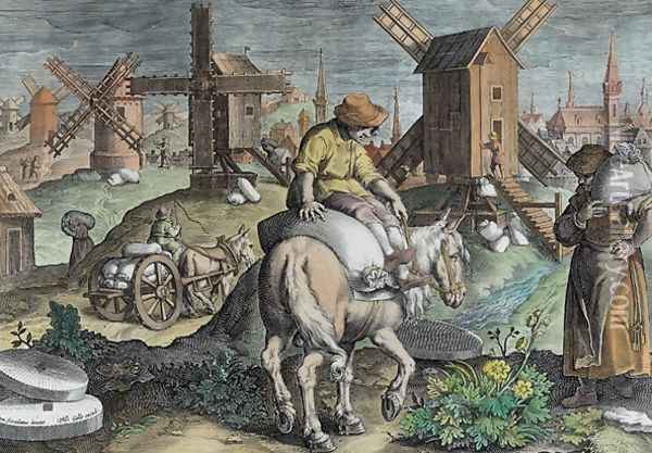 Windmills, plate 12 from Nova Reperta New Discoveries engraved by Philip Galle 1537-1612 c.1600 2 Oil Painting - Giovanni Stradano