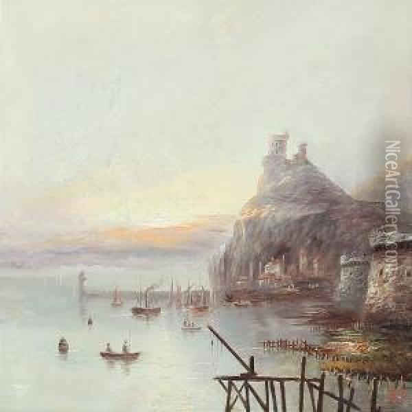 Coastal Scene With Fishermen At Sunrise Oil Painting - James Salt