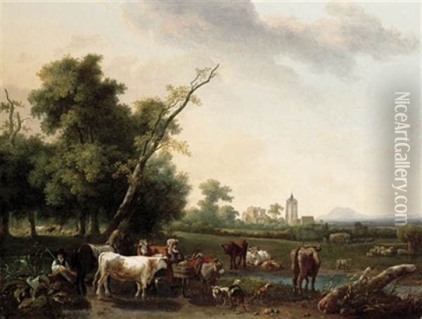 An Extensive Landscape With A Peasant Girl And A Shepherd Resting By A Path, With Cattle Watering At A Stream, A Village Beyond Oil Painting - Alexandre Pau de Saint Martin