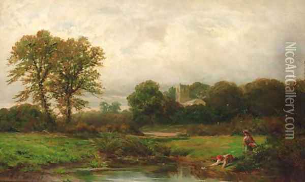 Children playing by a pond Oil Painting - Henry Hadfield Cubley
