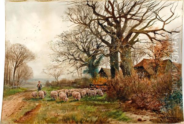 Sheep On A Track By A Farm Oil Painting - Henry Charles Fox