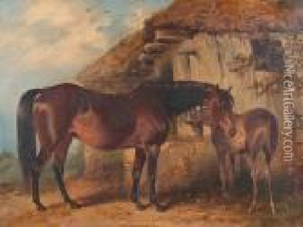 A Mare And Foal Outside A Barn Oil Painting - Henry Barraud