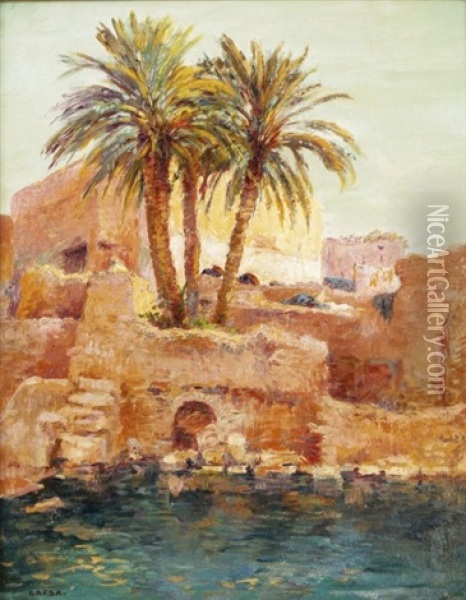 Vue De L'oasis A Gafsa Oil Painting - Eugene Jules Delahogue