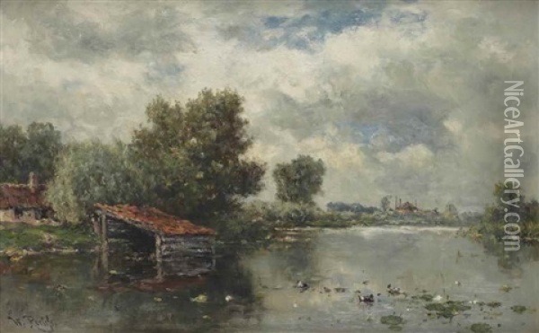 A View Of A River With A Boat House And Water Lilies Oil Painting - Willem Roelofs