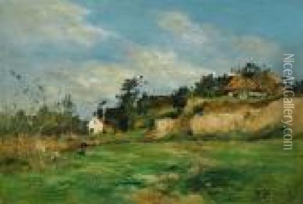 Landschaft Mit Einem Dorf Im Hintergrund. Oil Painting - Jean Baptiste Antoine Guillemet