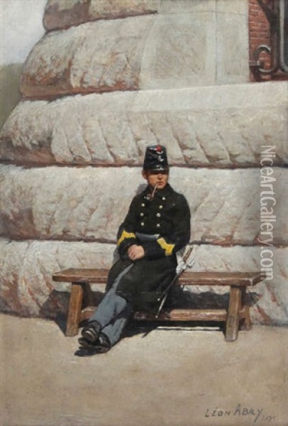 Soldat Se Reposant Sur Un Banc Devant La Caserne Oil Painting - Leon Eugene August Abry