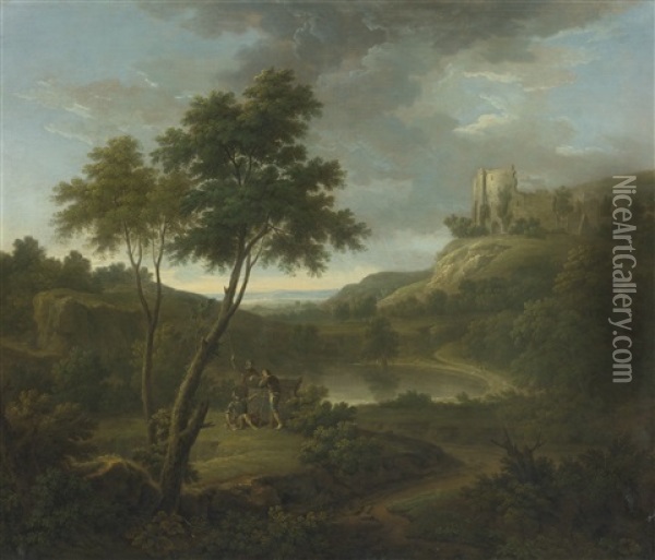 Capriccio With A Classical Sarcophogus And Possibly Beeston Castle, Chesire Oil Painting - George Lambert