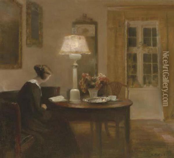Woman Reading By Lamplight Oil Painting - Carl Vilhelm Holsoe