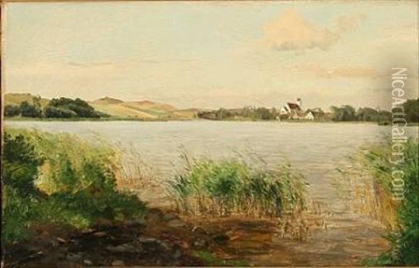 Fjord Scene With A Whitewashed Church In The Background Oil Painting - Janus la Cour