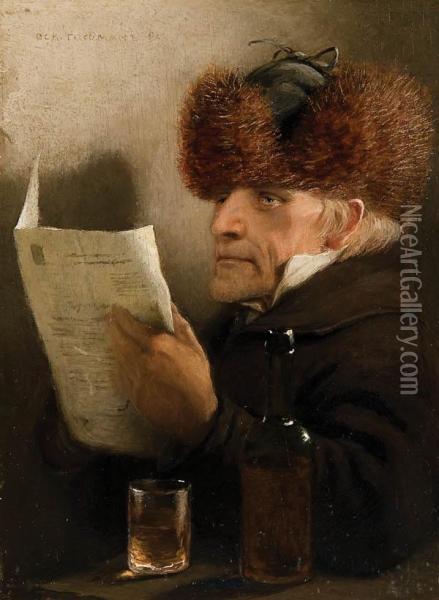 A Man With Fur Hat In An Interior Reading A Letter And Having A Drink Oil Painting - Oskar Gofman