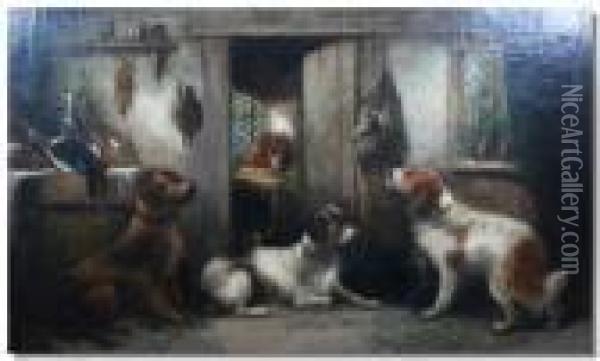 Dogs In A Cottage Interior With Dead Game Oil Painting - George Armfield