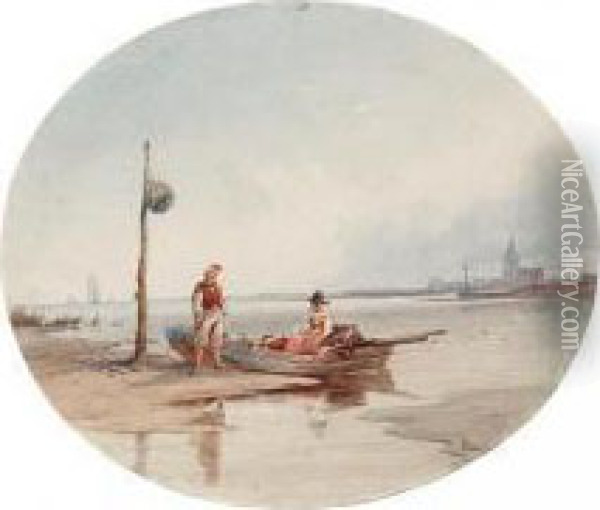 Figures By A Rowing Boat On The Shore Oil Painting - Thomas Sewell Robins