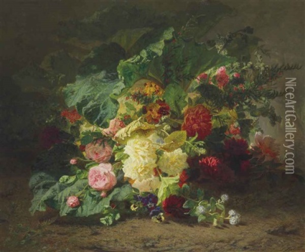 Roses And Wildflowers In A Forest Oil Painting - Jean-Baptiste Robie