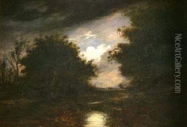 A Moonlight Riverlandscape With Distant Mill Oil Painting - John Berney Crome
