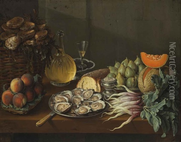 Le Dejeuner Maigre: Oysters, Bread, Wine, Peaches, Pears, Melon, Radishes, Salt And Figs On A Table Oil Painting - Alexandre Francois Desportes