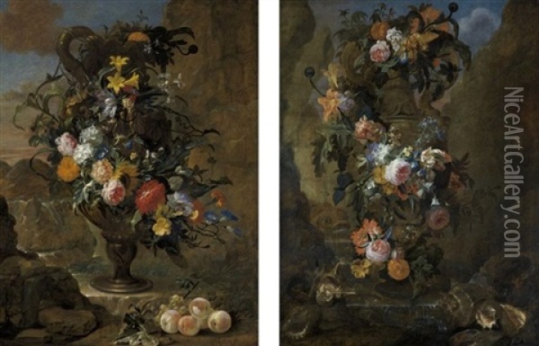 Still Life Of Flowers Set In An Exterior, With Peaches And Grapes In The Foreground (+ Another, Similar; Pair) Oil Painting - Jan-Baptiste Bosschaert