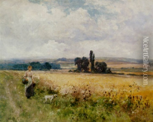 An Extensive Landscape With A Woman And Her Terrier On A Path In The Foreground Oil Painting - Henry John Yeend King