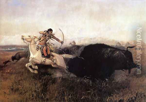 Indians Hunting Buffalo Oil Painting - Charles Marion Russell