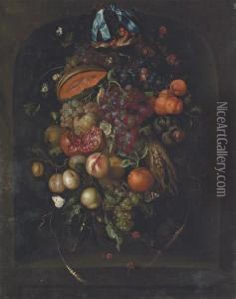 Grapes, Pomegranates, Apricots And Other Fruit In A Niche Oil Painting - Ernst Stuven