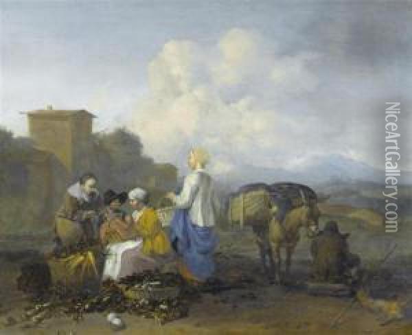 Mediterranean Landscapes With Peasants. Oil Painting - Hendrick Mommers