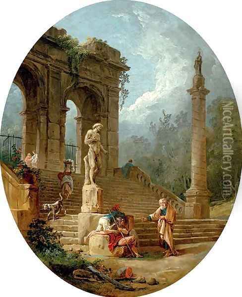 A capriccio of a classical arcade and a column with figures conversing before a statue Oil Painting - Hubert Robert