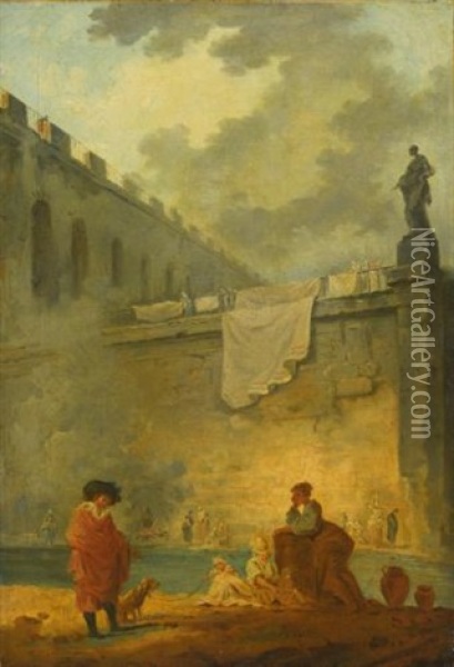 Figures At The Waterside Oil Painting - Hubert Robert