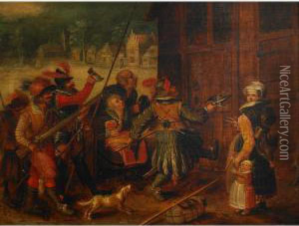 Spanish Soldiers And Village Onlookers Ousting A Tenant In Medieval Flanders Oil Painting - Johannes Vinckeboons